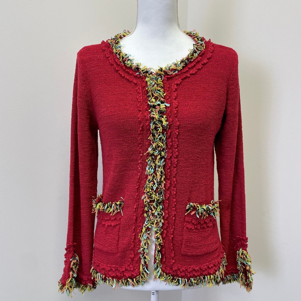 Vintage Curio Red Knit Cardigan M Sweater Ribbon Fringe Trim Open Front